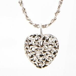 Vintage Sterling Silver 925 Handmade Puffy Filigree Heart Pendant On Chain Italy